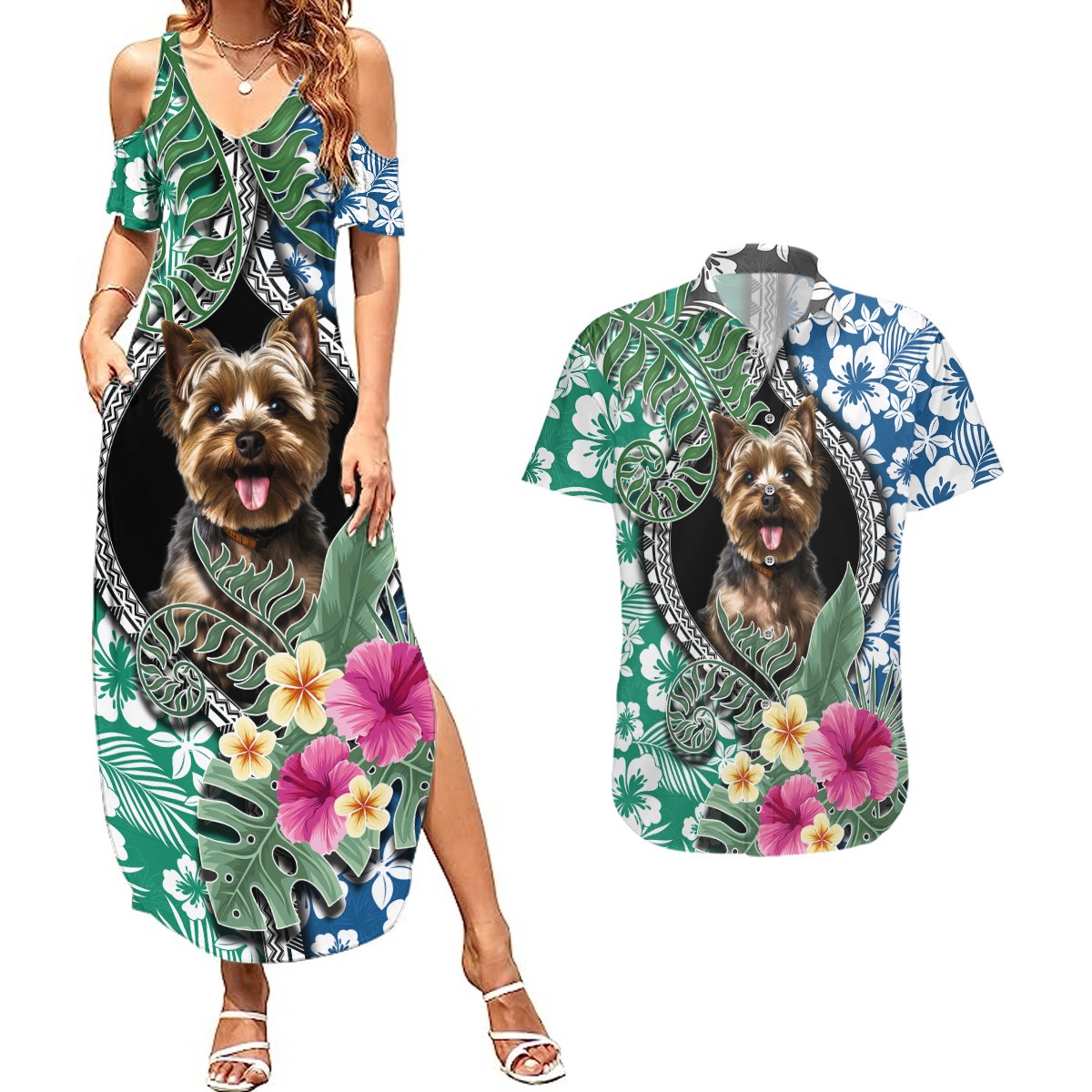 Polynesian Yorkshire Terrier Couples Matching Summer Maxi Dress and Hawaiian Shirt Polynesian Pattern And Yorkshire Terrier TS04 Multicolor - Polynesian Pride
