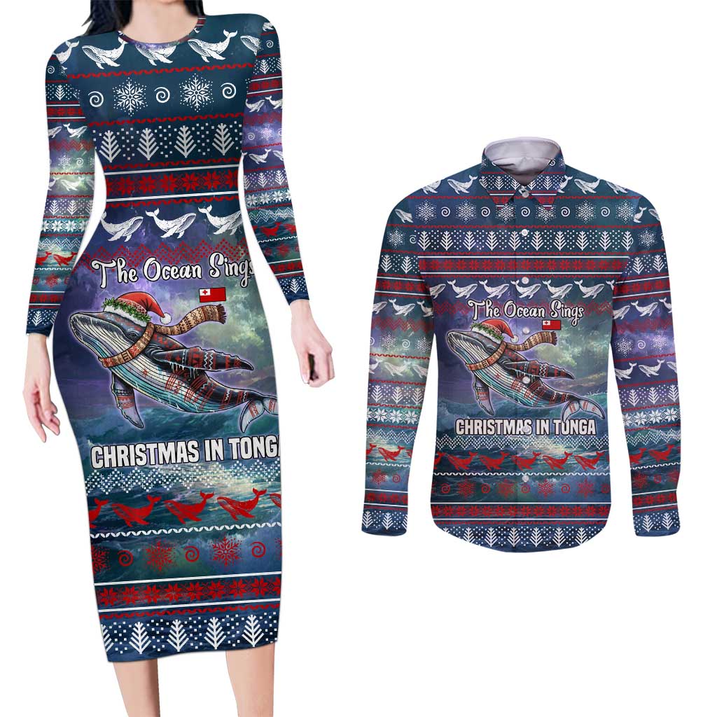 Tonga Christmas Couples Matching Long Sleeve Bodycon Dress and Long Sleeve Button Shirt with Singing Whale Ocean Scene National Coat of Arms TS04 Multicolor - Polynesian Pride