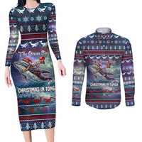 Tonga Christmas Couples Matching Long Sleeve Bodycon Dress and Long Sleeve Button Shirt with Singing Whale Ocean Scene National Coat of Arms TS04 Multicolor - Polynesian Pride