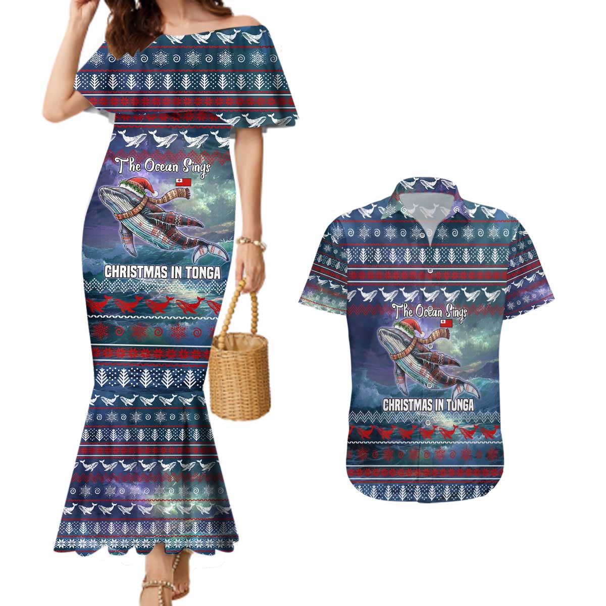 Tonga Christmas Couples Matching Mermaid Dress and Hawaiian Shirt with Singing Whale Ocean Scene National Coat of Arms TS04 Multicolor - Polynesian Pride