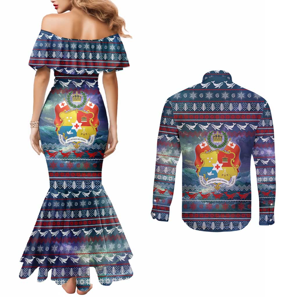 Tonga Christmas Couples Matching Mermaid Dress and Long Sleeve Button Shirt with Singing Whale Ocean Scene National Coat of Arms TS04 - Polynesian Pride