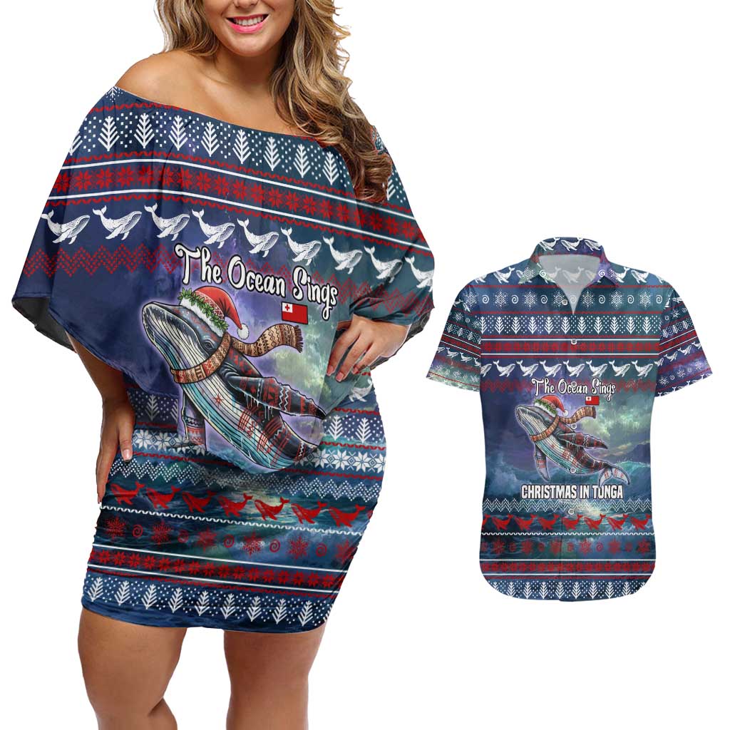 Tonga Christmas Couples Matching Off Shoulder Short Dress and Hawaiian Shirt with Singing Whale Ocean Scene National Coat of Arms TS04 Multicolor - Polynesian Pride