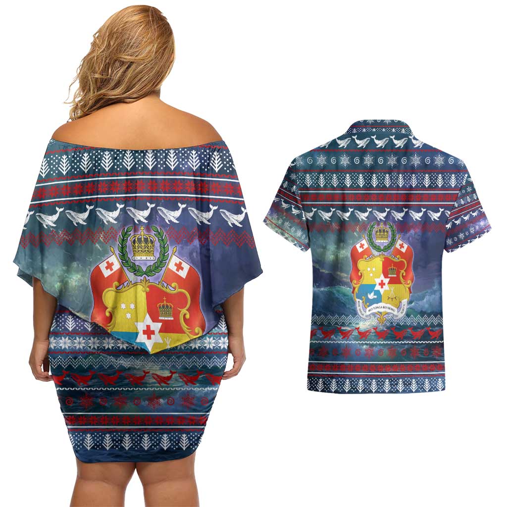Tonga Christmas Couples Matching Off Shoulder Short Dress and Hawaiian Shirt with Singing Whale Ocean Scene National Coat of Arms TS04 - Polynesian Pride