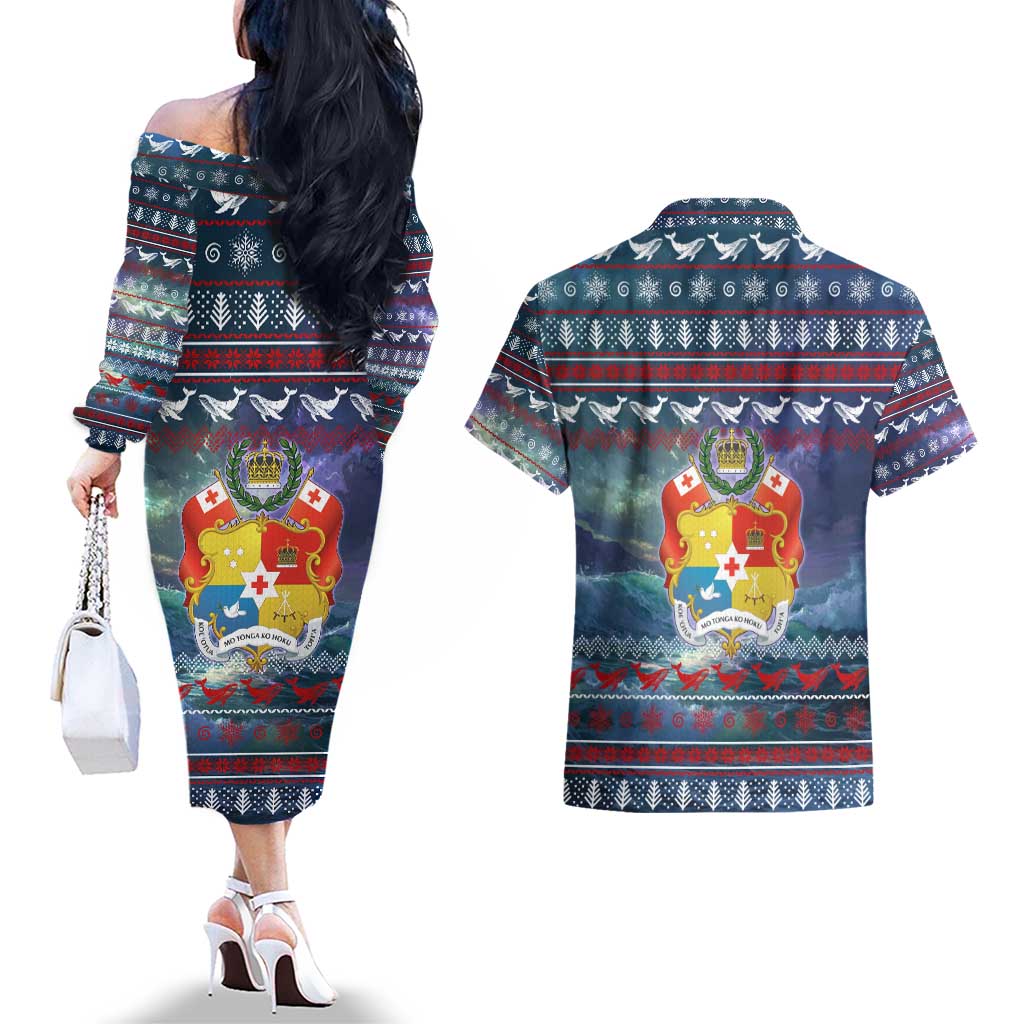 Tonga Christmas Couples Matching Off The Shoulder Long Sleeve Dress and Hawaiian Shirt with Singing Whale Ocean Scene National Coat of Arms TS04 - Polynesian Pride