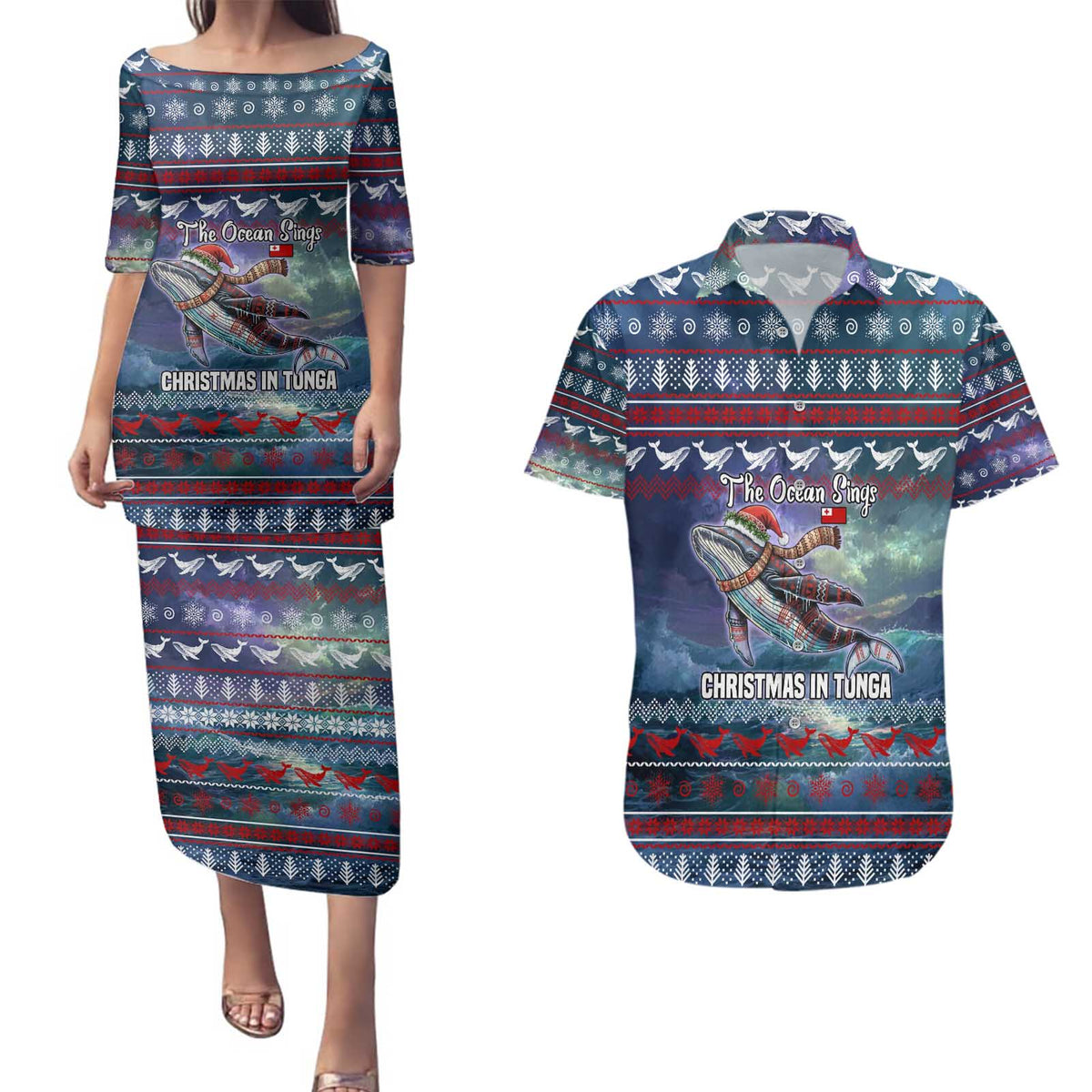 Tonga Christmas Couples Matching Puletasi and Hawaiian Shirt with Singing Whale Ocean Scene National Coat of Arms - Polynesian Pride