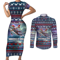 Tonga Christmas Couples Matching Short Sleeve Bodycon Dress and Long Sleeve Button Shirt with Singing Whale Ocean Scene National Coat of Arms TS04 Multicolor - Polynesian Pride