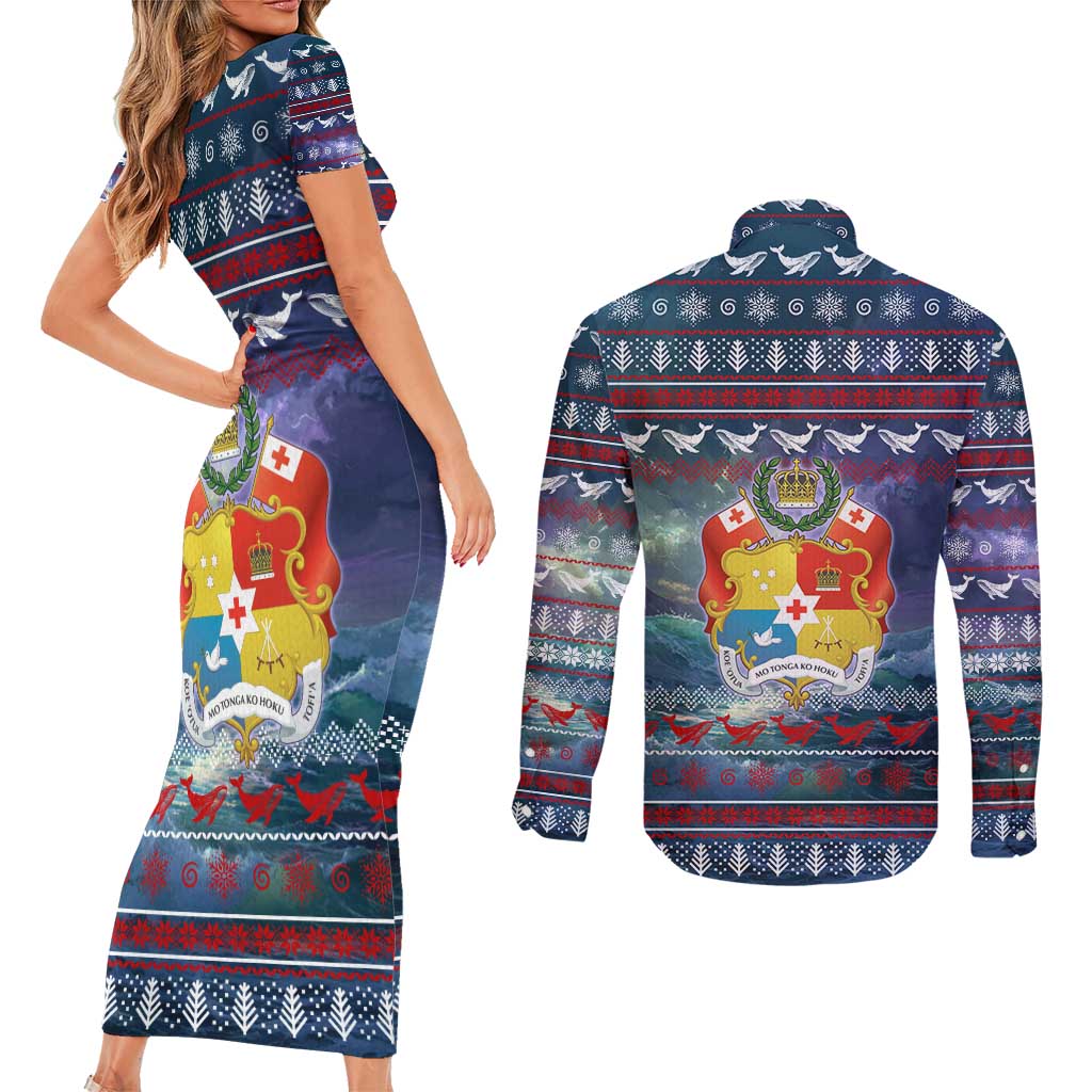 Tonga Christmas Couples Matching Short Sleeve Bodycon Dress and Long Sleeve Button Shirt with Singing Whale Ocean Scene National Coat of Arms TS04 - Polynesian Pride
