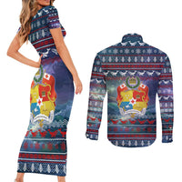 Tonga Christmas Couples Matching Short Sleeve Bodycon Dress and Long Sleeve Button Shirt with Singing Whale Ocean Scene National Coat of Arms TS04 - Polynesian Pride