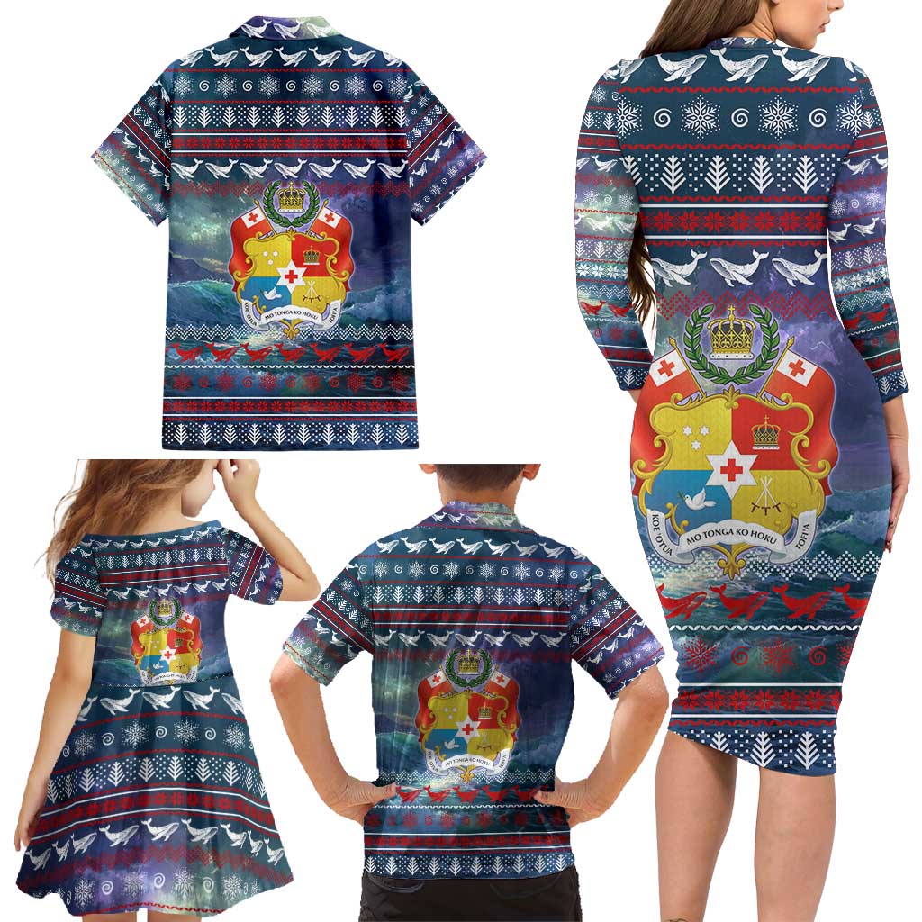 Tonga Christmas Family Matching Long Sleeve Bodycon Dress and Hawaiian Shirt with Singing Whale Ocean Scene National Coat of Arms TS04 - Polynesian Pride