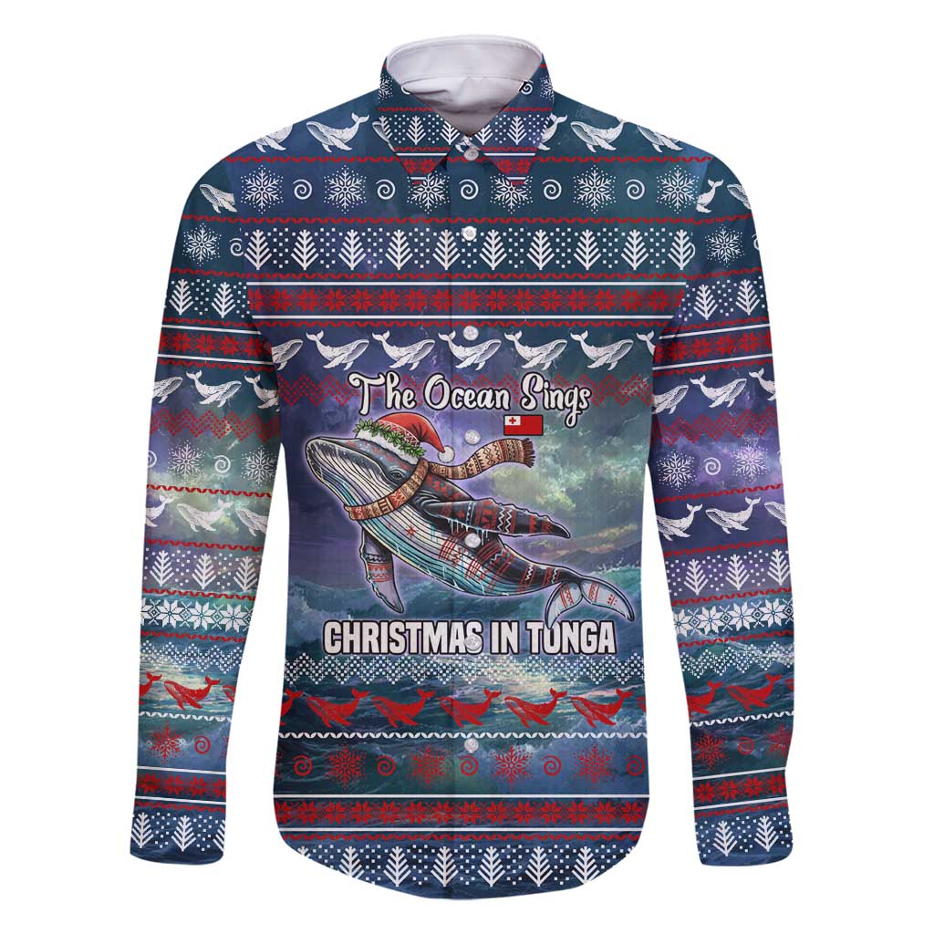 Tonga Christmas Family Matching Mermaid Dress and Hawaiian Shirt with Singing Whale Ocean Scene National Coat of Arms TS04 Dad's Shirt - Long Sleeve Multicolor - Polynesian Pride