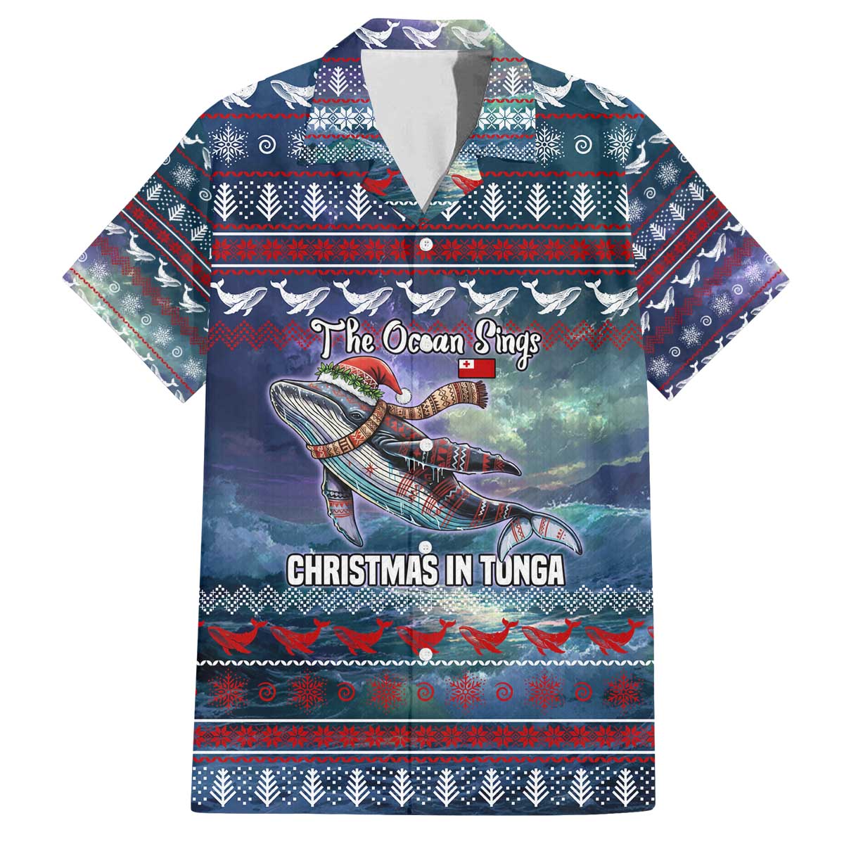 Tonga Christmas Family Matching Off The Shoulder Long Sleeve Dress and Hawaiian Shirt with Singing Whale Ocean Scene National Coat of Arms TS04 Dad's Shirt - Short Sleeve Multicolor - Polynesian Pride