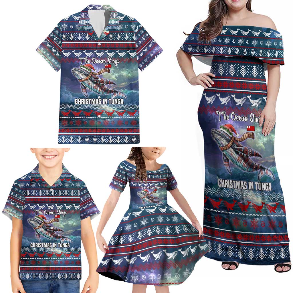 Tonga Christmas Family Matching Off Shoulder Maxi Dress and Hawaiian Shirt with Singing Whale Ocean Scene National Coat of Arms - Polynesian Pride