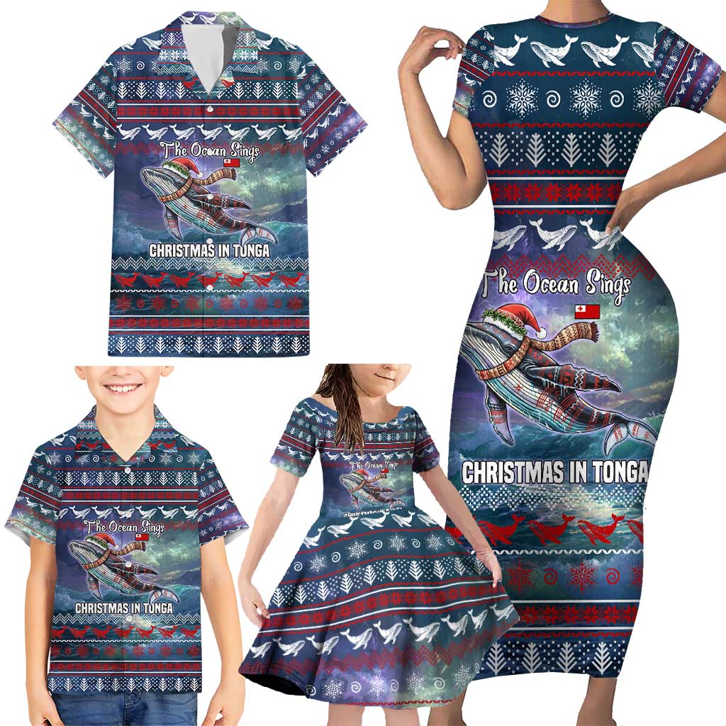 Tonga Christmas Family Matching Short Sleeve Bodycon Dress and Hawaiian Shirt with Singing Whale Ocean Scene National Coat of Arms TS04 - Polynesian Pride