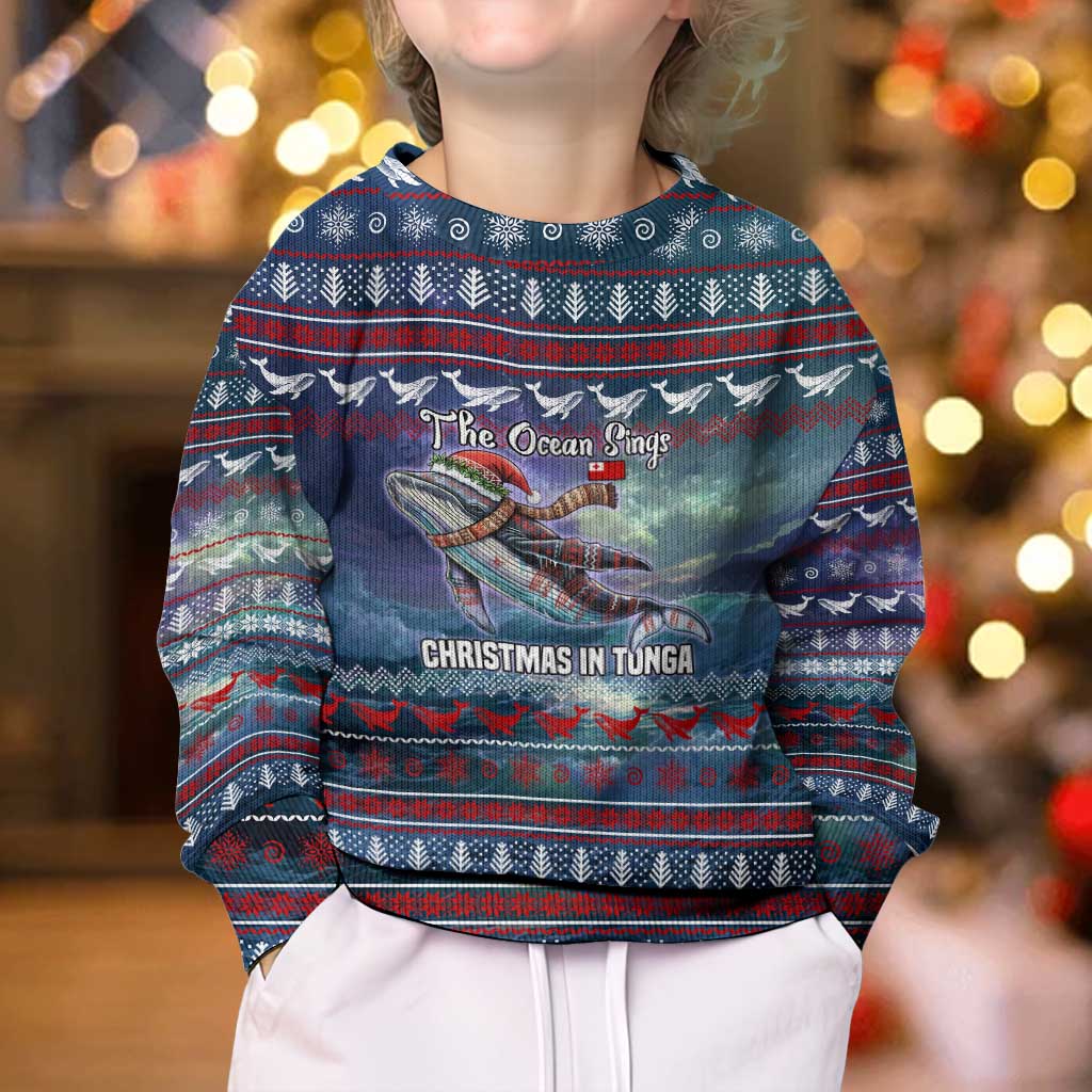 Tonga Christmas Kid Ugly Christmas Sweater with Singing Whale Ocean Scene National Coat of Arms - Polynesian Pride