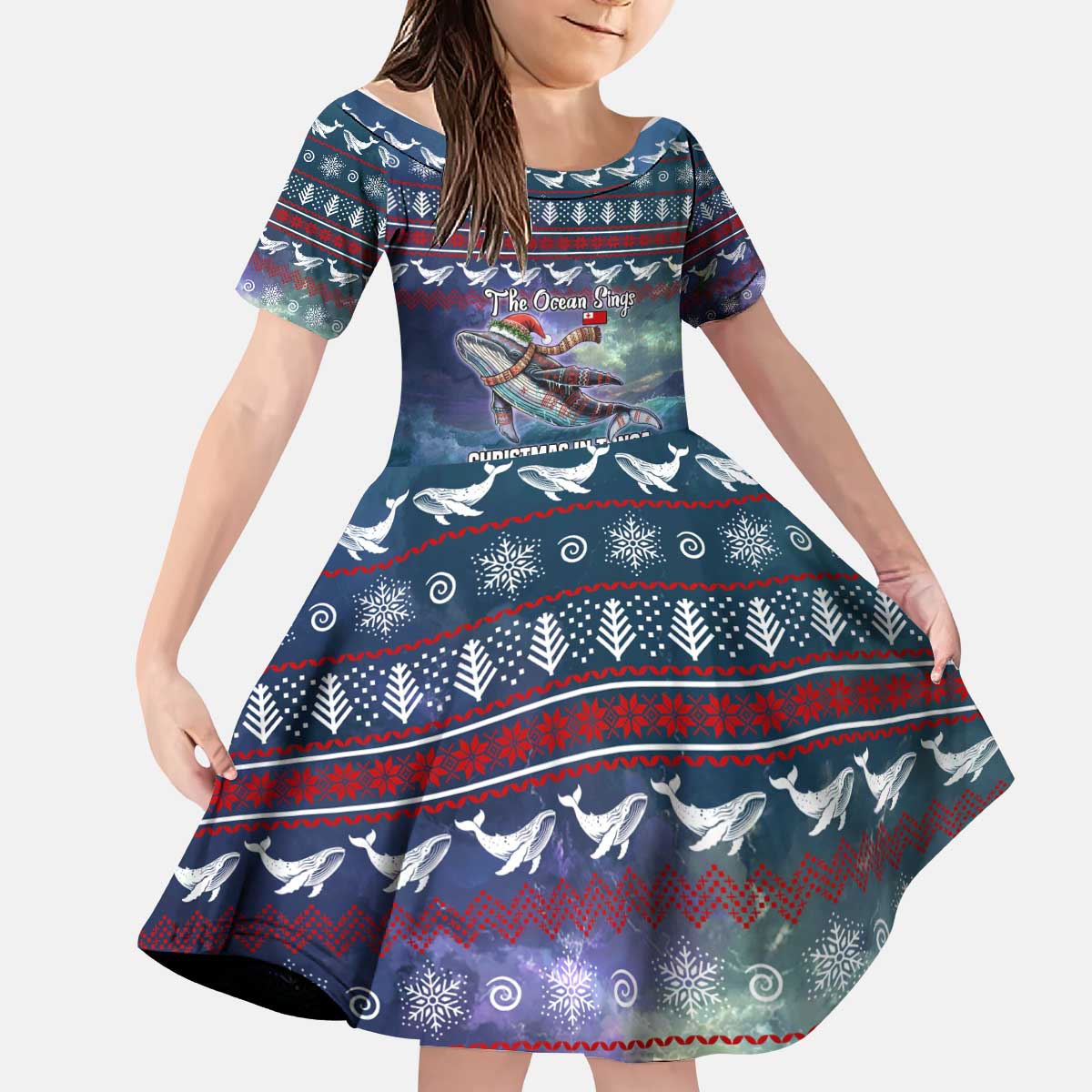 Tonga Christmas Kid Short Sleeve Dress with Singing Whale Ocean Scene National Coat of Arms - Polynesian Pride