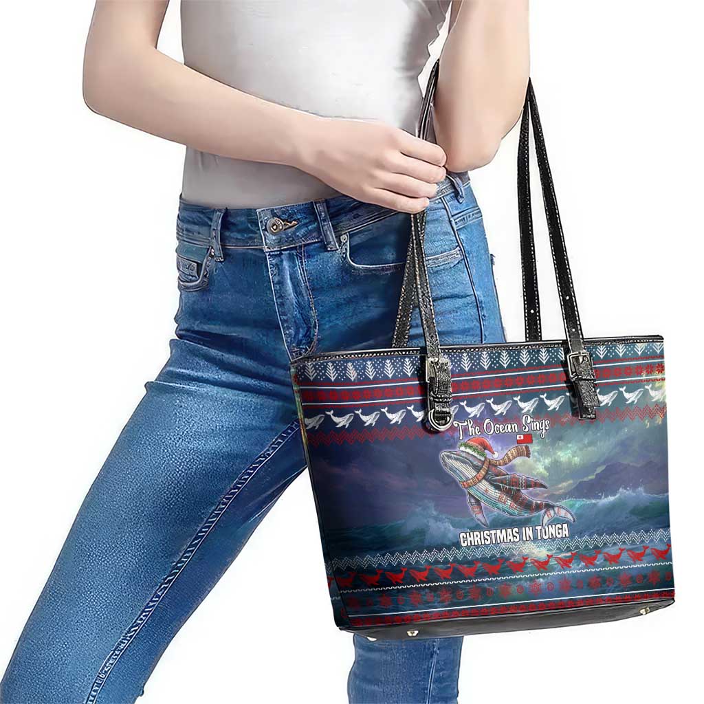 Tonga Christmas Leather Tote Bag with Singing Whale Ocean Scene National Coat of Arms - Polynesian Pride