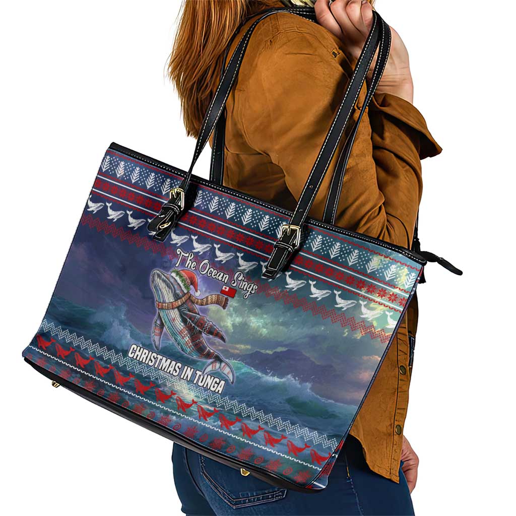 Tonga Christmas Leather Tote Bag with Singing Whale Ocean Scene National Coat of Arms - Polynesian Pride