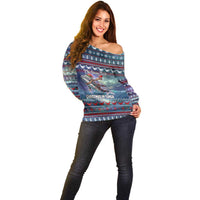 Tonga Christmas Off Shoulder Sweater with Singing Whale Ocean Scene National Coat of Arms - Polynesian Pride