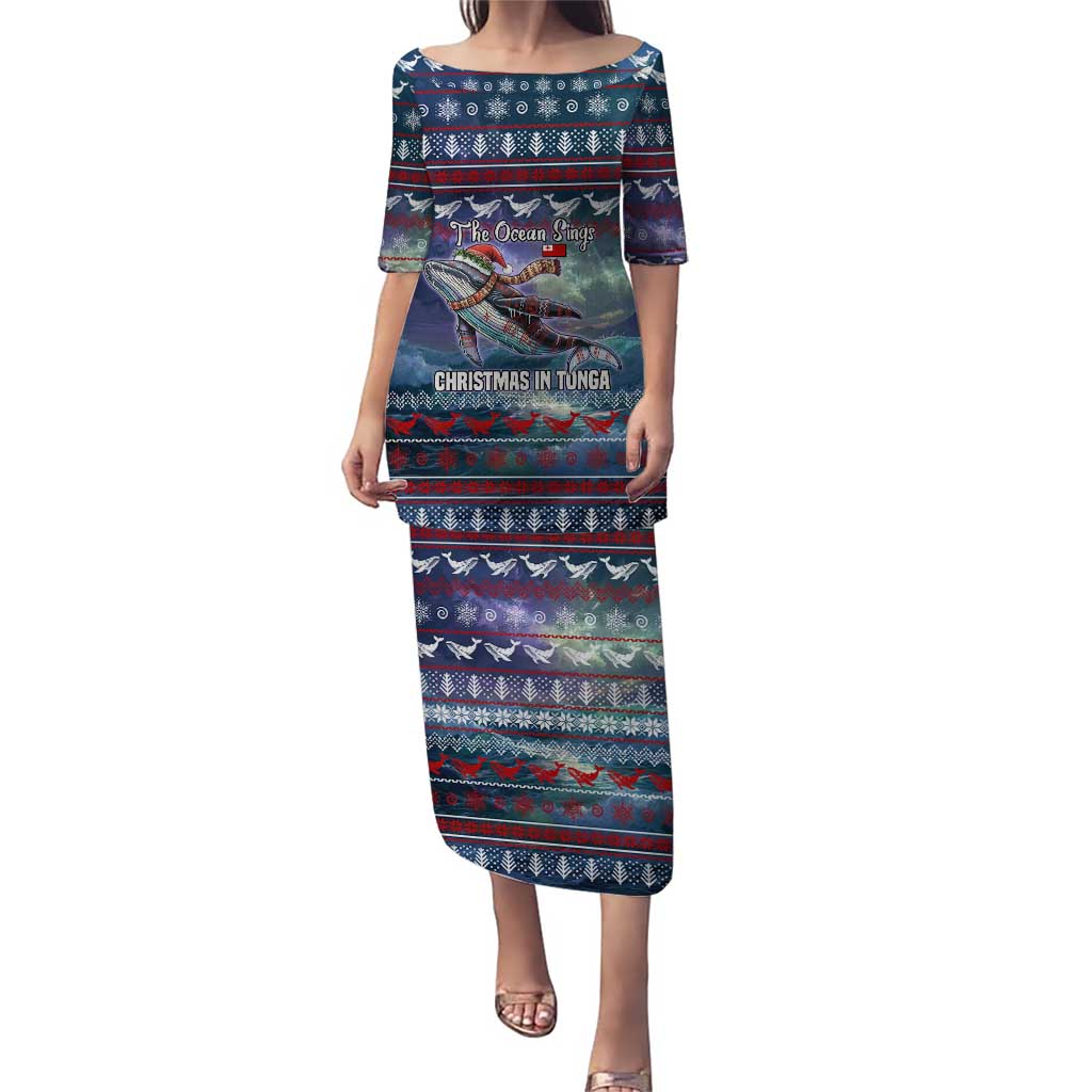 Tonga Christmas Puletasi with Singing Whale Ocean Scene National Coat of Arms - Polynesian Pride