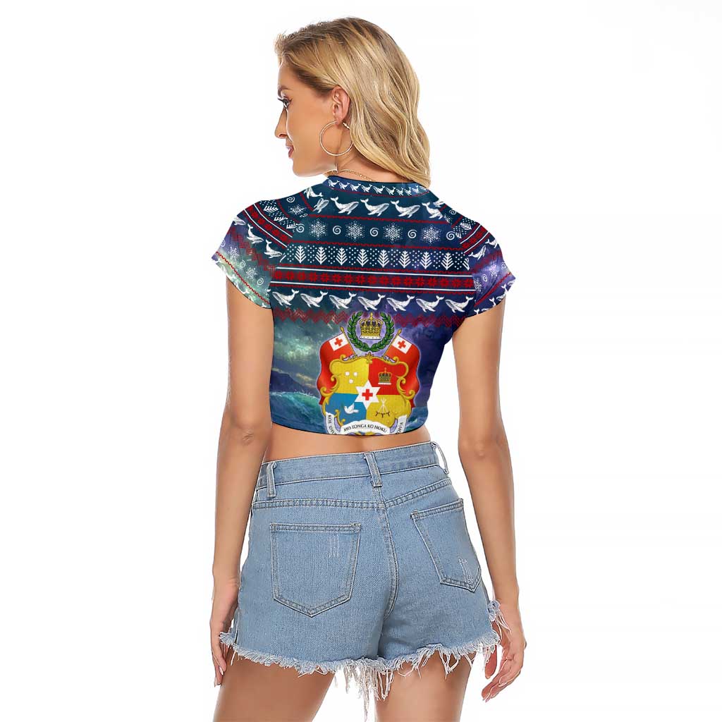 Tonga Christmas Raglan Cropped T Shirt with Singing Whale Ocean Scene National Coat of Arms - Polynesian Pride