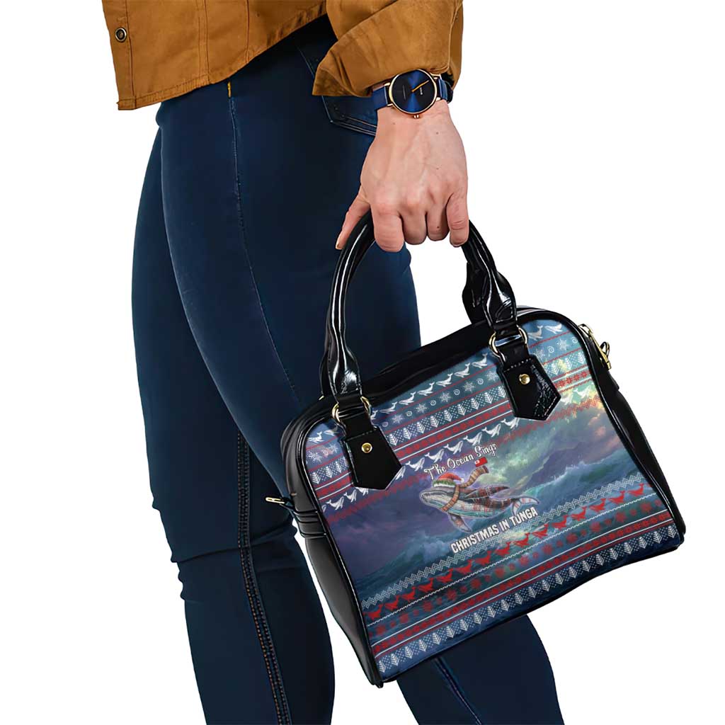 Tonga Christmas Shoulder Handbag with Singing Whale Ocean Scene National Coat of Arms - Polynesian Pride
