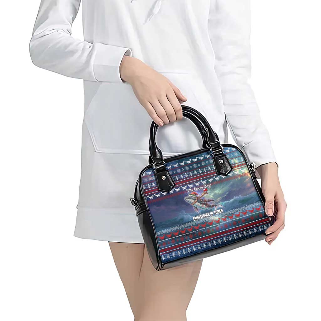 Tonga Christmas Shoulder Handbag with Singing Whale Ocean Scene National Coat of Arms - Polynesian Pride