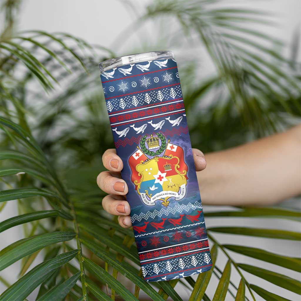 Tonga Christmas Skinny Tumbler with Singing Whale Ocean Scene National Coat of Arms - Polynesian Pride