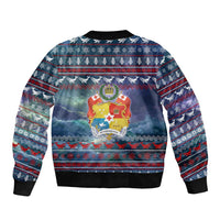 Tonga Christmas Sleeve Zip Bomber Jacket with Singing Whale Ocean Scene National Coat of Arms - Polynesian Pride