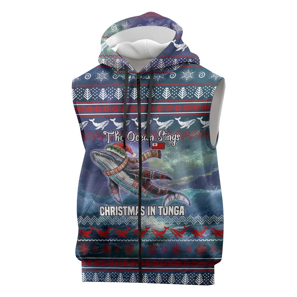Tonga Christmas Sleeveless Zip Hoodie with Singing Whale Ocean Scene National Coat of Arms - Polynesian Pride