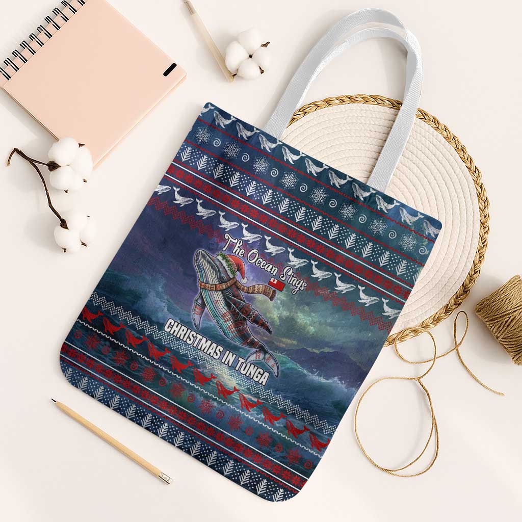 Tonga Christmas Tote Bag with Singing Whale Ocean Scene National Coat of Arms - Polynesian Pride