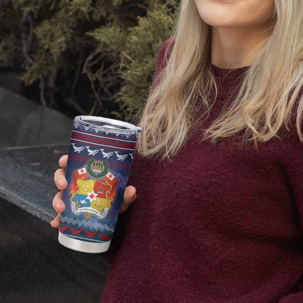 Tonga Christmas Tumbler Cup with Singing Whale Ocean Scene National Coat of Arms - Polynesian Pride