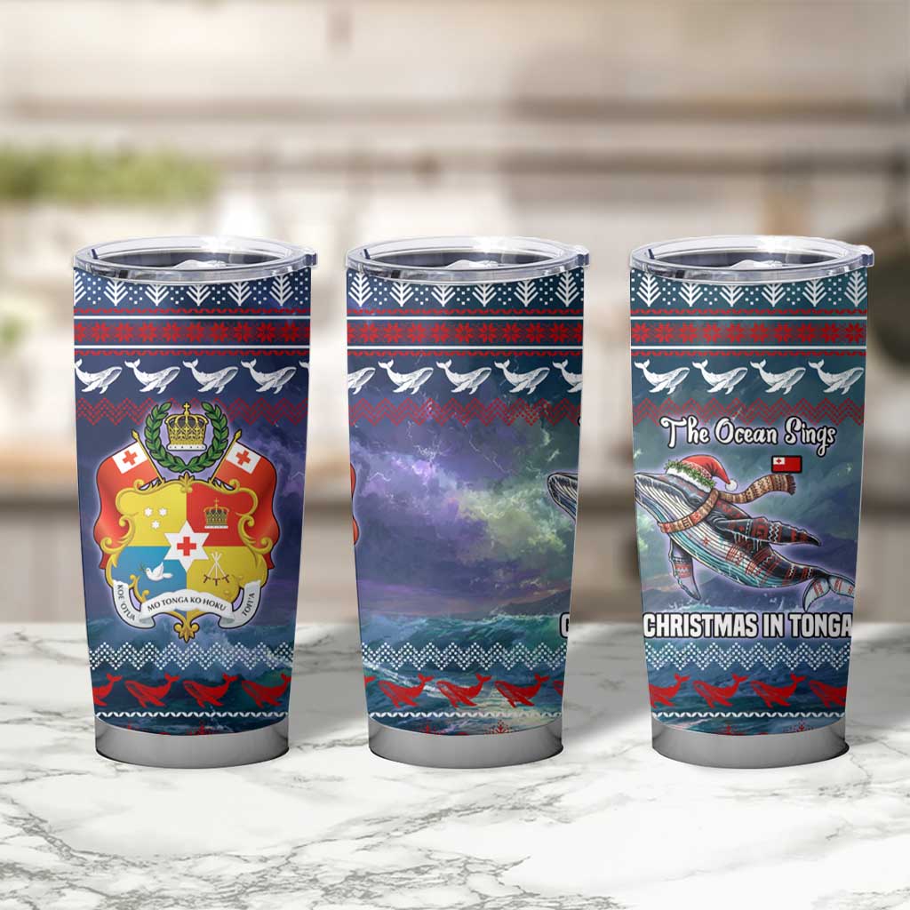 Tonga Christmas Tumbler Cup with Singing Whale Ocean Scene National Coat of Arms - Polynesian Pride