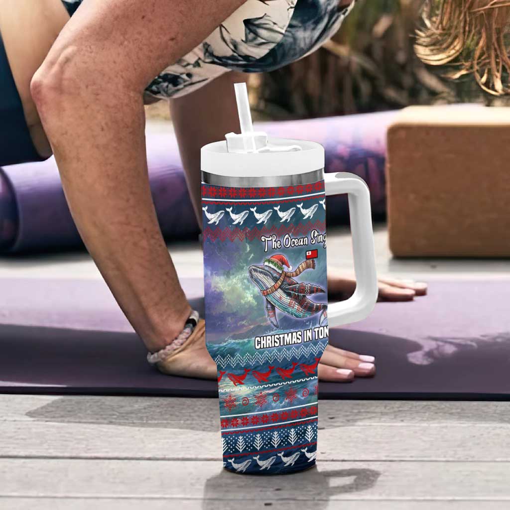 Tonga Christmas Tumbler With Handle with Singing Whale Ocean Scene National Coat of Arms - Polynesian Pride