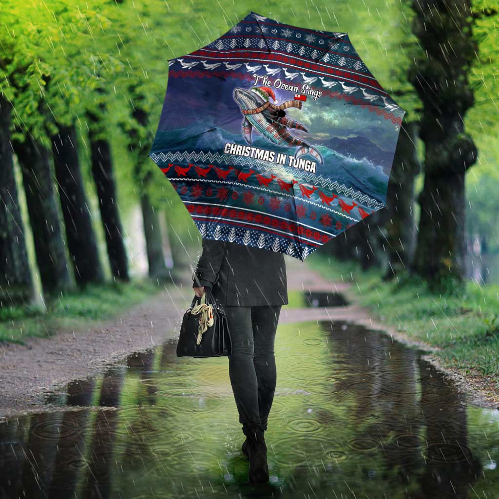 Tonga Christmas Umbrella with Singing Whale Ocean Scene National Coat of Arms - Polynesian Pride