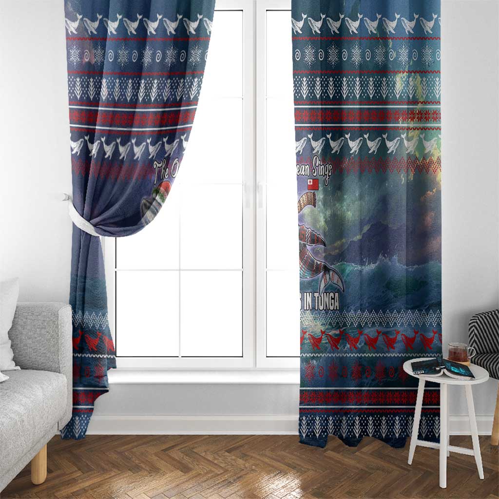 Tonga Christmas Window Curtain with Singing Whale Ocean Scene National Coat of Arms - Polynesian Pride