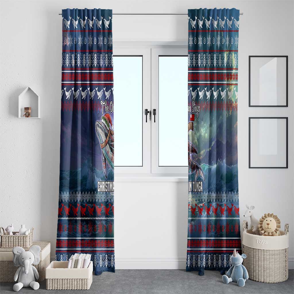 Tonga Christmas Window Curtain with Singing Whale Ocean Scene National Coat of Arms - Polynesian Pride