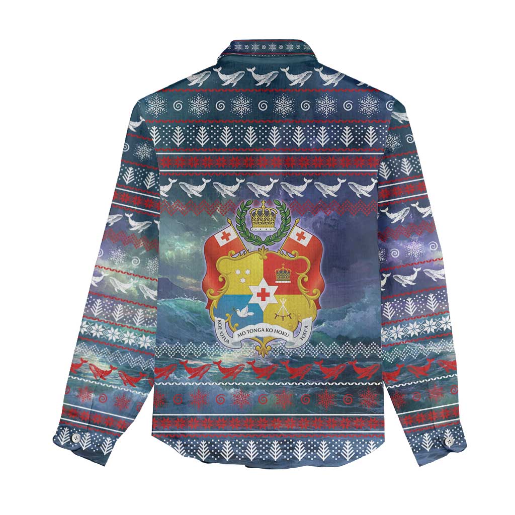 Tonga Christmas Women Casual Shirt with Singing Whale Ocean Scene National Coat of Arms - Polynesian Pride