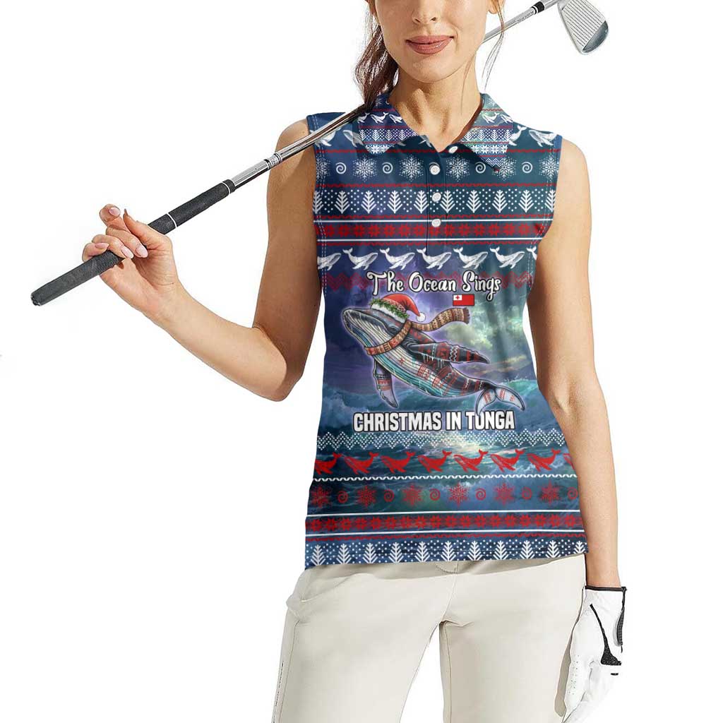 Tonga Christmas Women Sleeveless Polo Shirt with Singing Whale Ocean Scene National Coat of Arms - Polynesian Pride