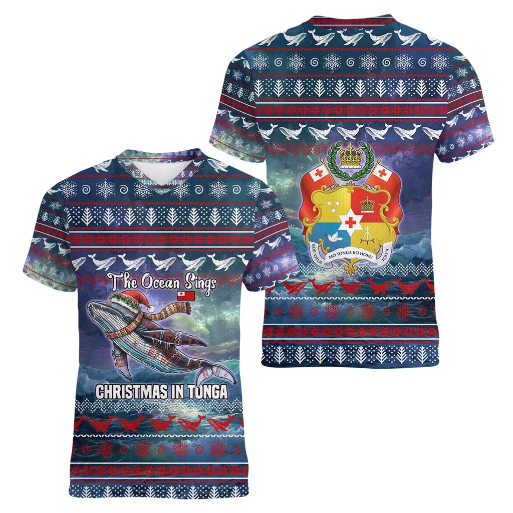 Tonga Christmas Women V-Neck T-Shirt with Singing Whale Ocean Scene National Coat of Arms - Polynesian Pride