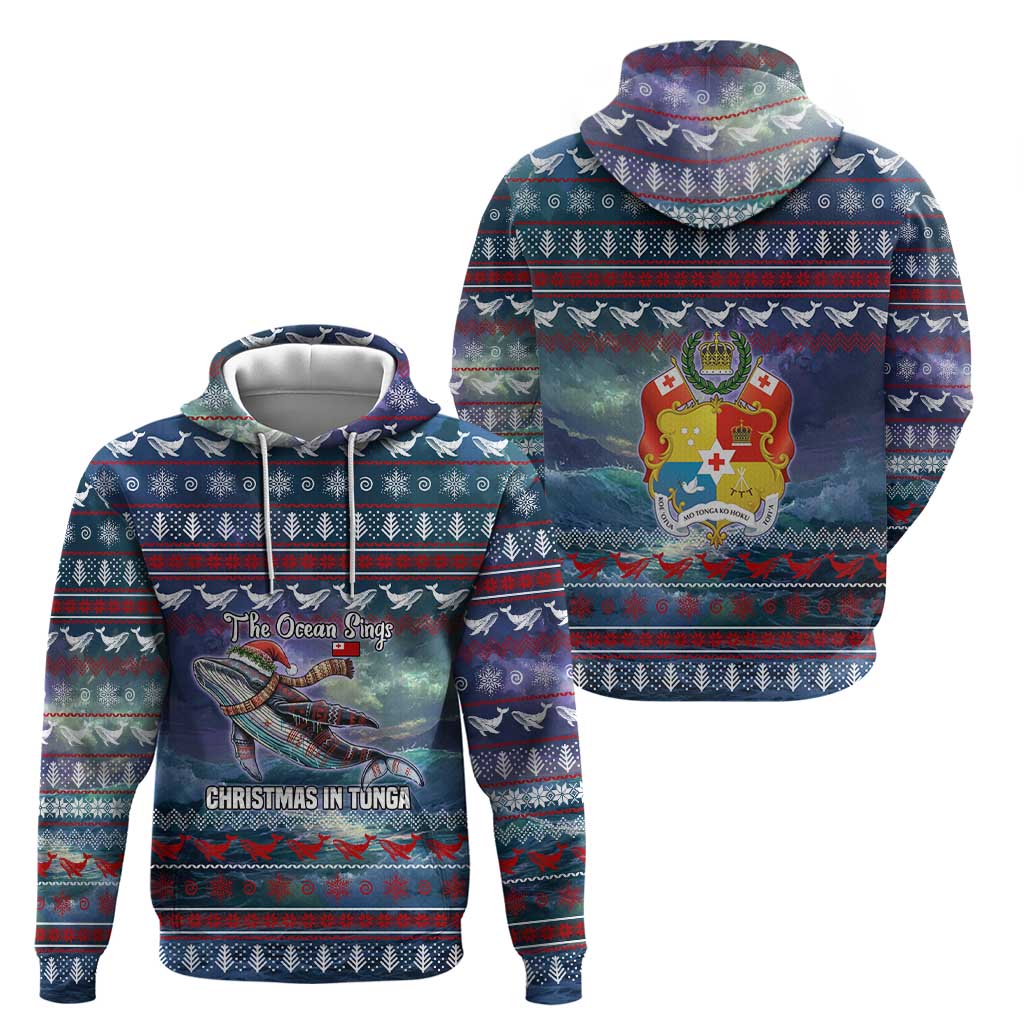 Tonga Christmas Zip Hoodie with Singing Whale Ocean Scene National Coat of Arms - Polynesian Pride