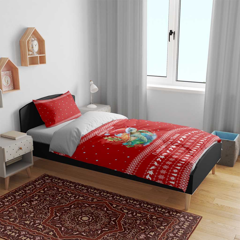 Tonga Christmas Bedding Set with Sea Turtle Coral Reef Design Snowflake Pattern and National Emblem - Polynesian Pride