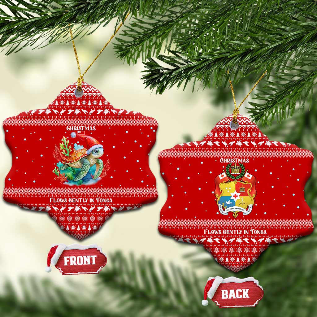 Tonga Christmas Ceramic Ornament with Sea Turtle Coral Reef Design Snowflake Pattern and National Emblem - Polynesian Pride