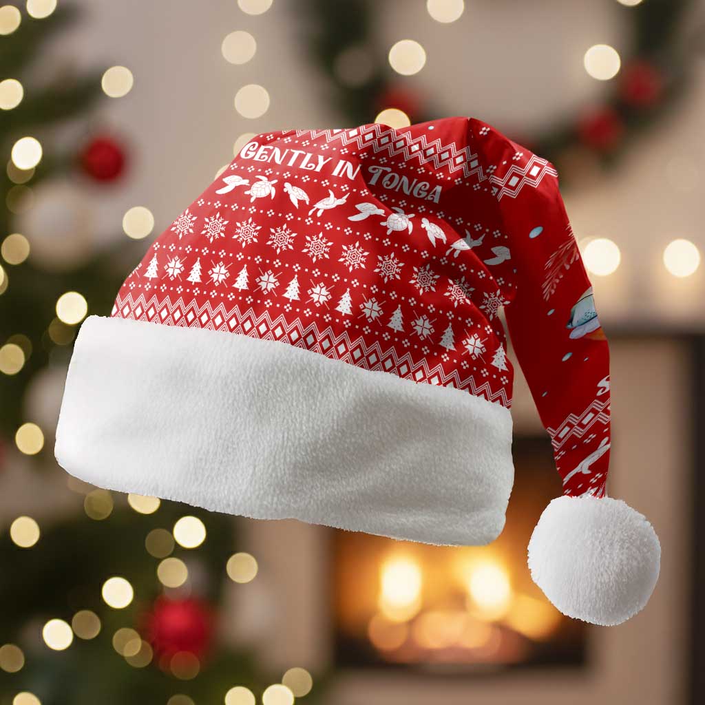 Tonga Christmas Santa Hat with Sea Turtle Coral Reef Design Snowflake Pattern and National Emblem - Polynesian Pride