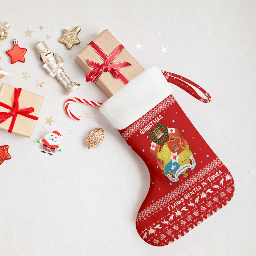 Tonga Christmas Stocking with Sea Turtle Coral Reef Design Snowflake Pattern and National Emblem - Polynesian Pride