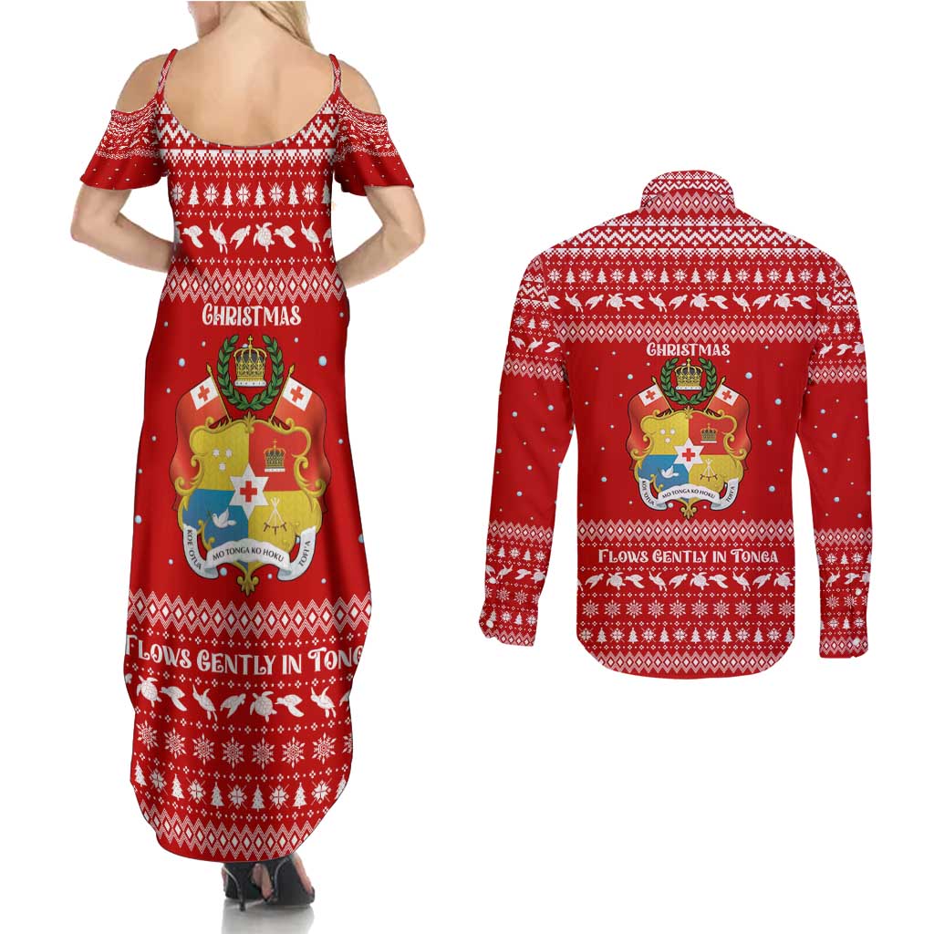 Tonga Christmas Couples Matching Summer Maxi Dress and Long Sleeve Button Shirt with Sea Turtle Coral Reef Design Snowflake Pattern and National Emblem - Polynesian Pride