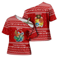 Tonga Christmas Cross Shoulder Shirt with Sea Turtle Coral Reef Design Snowflake Pattern and National Emblem - Polynesian Pride