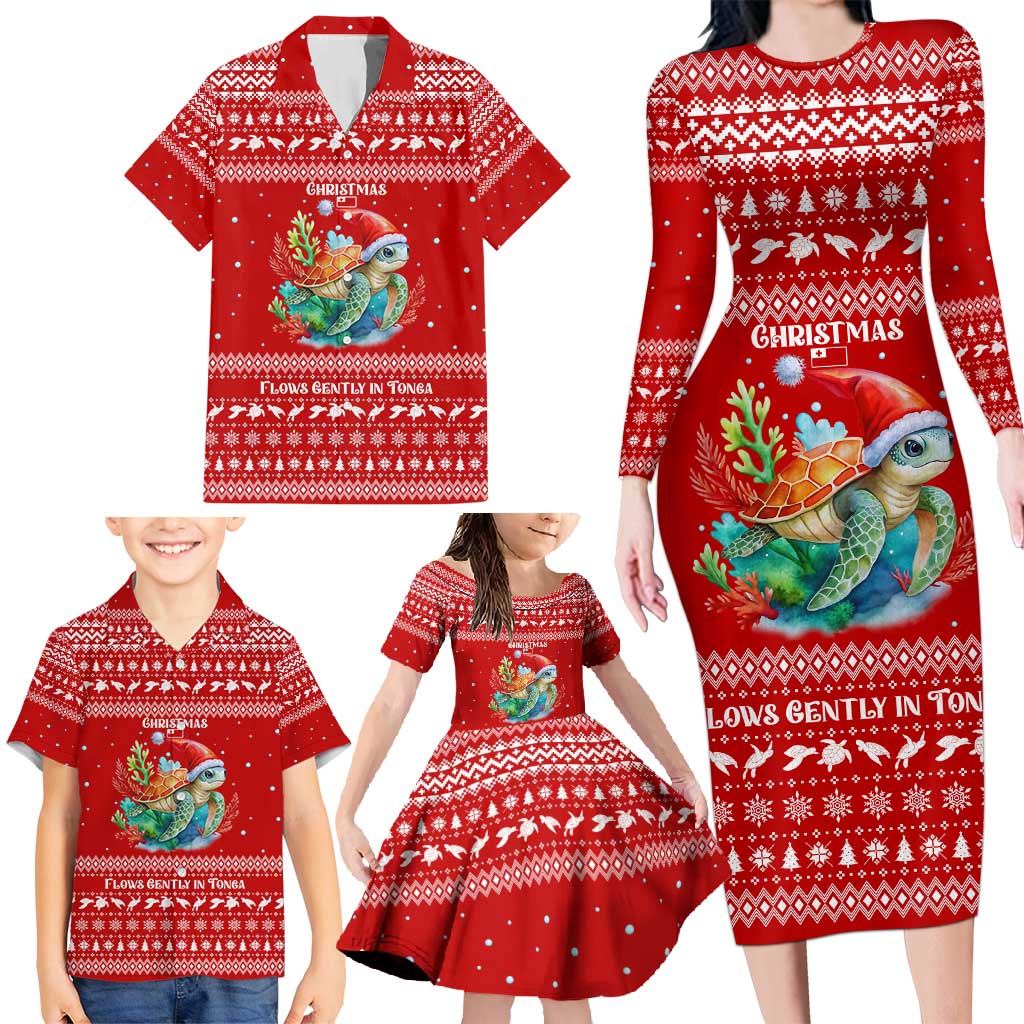 Tonga Christmas Family Matching Long Sleeve Bodycon Dress and Hawaiian Shirt with Sea Turtle Coral Reef Design Snowflake Pattern and National Emblem TS04 - Polynesian Pride