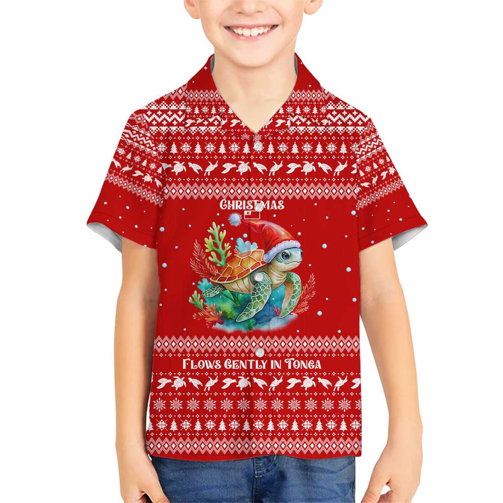 Tonga Christmas Family Matching Long Sleeve Bodycon Dress and Hawaiian Shirt with Sea Turtle Coral Reef Design Snowflake Pattern and National Emblem TS04 Son's Shirt Red White - Polynesian Pride