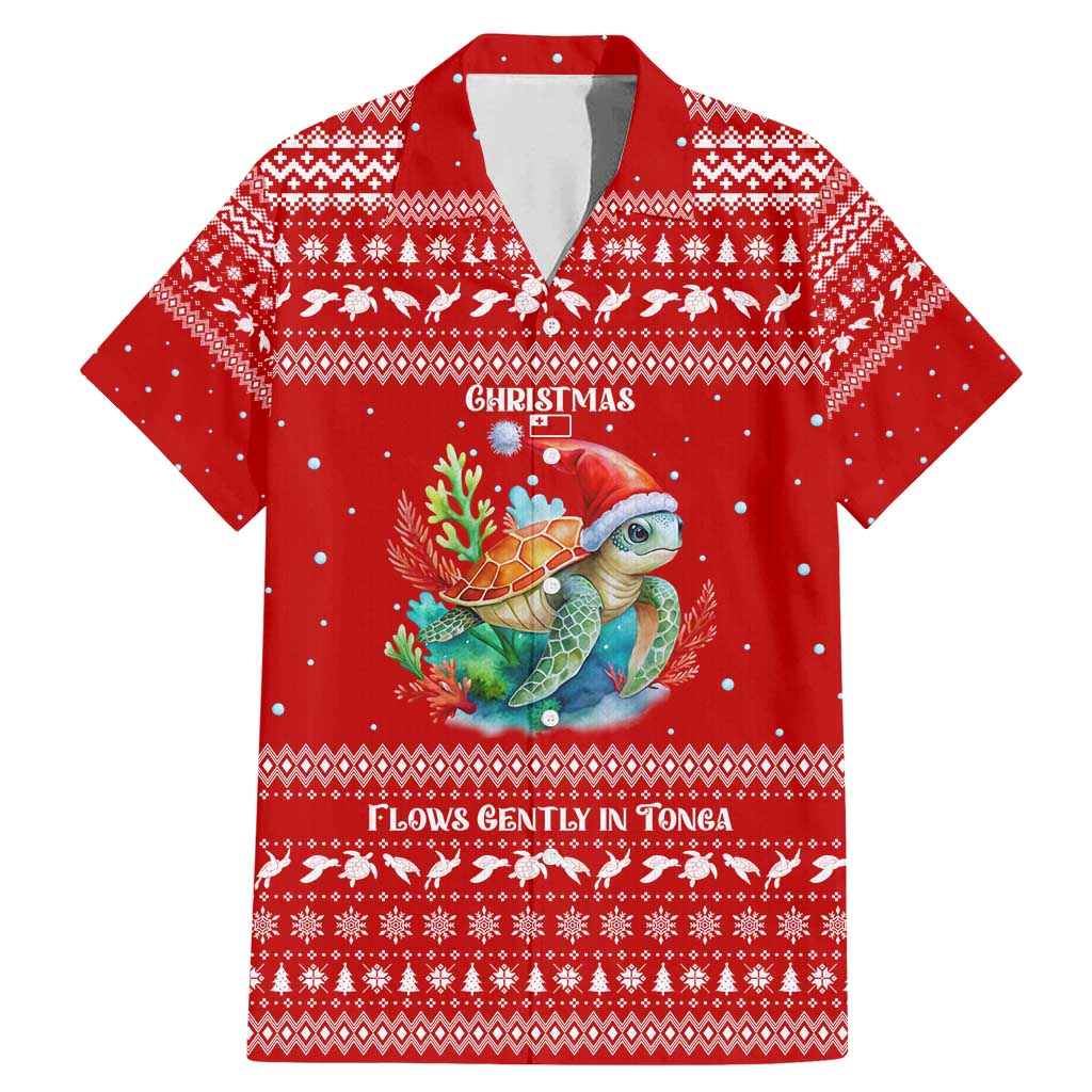 Tonga Christmas Family Matching Mermaid Dress and Hawaiian Shirt with Sea Turtle Coral Reef Design Snowflake Pattern and National Emblem TS04 Dad's Shirt - Short Sleeve Red White - Polynesian Pride