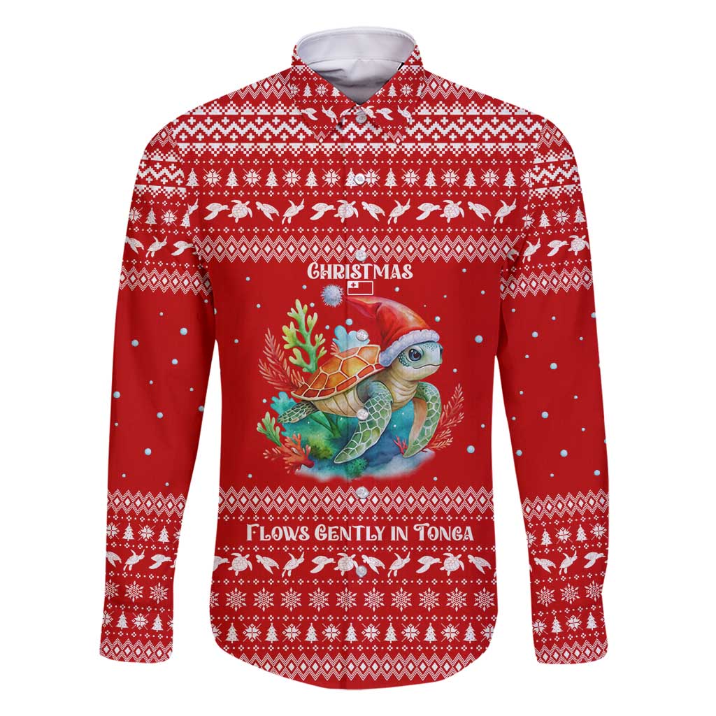 Tonga Christmas Family Matching Mermaid Dress and Hawaiian Shirt with Sea Turtle Coral Reef Design Snowflake Pattern and National Emblem TS04 Dad's Shirt - Long Sleeve Red White - Polynesian Pride